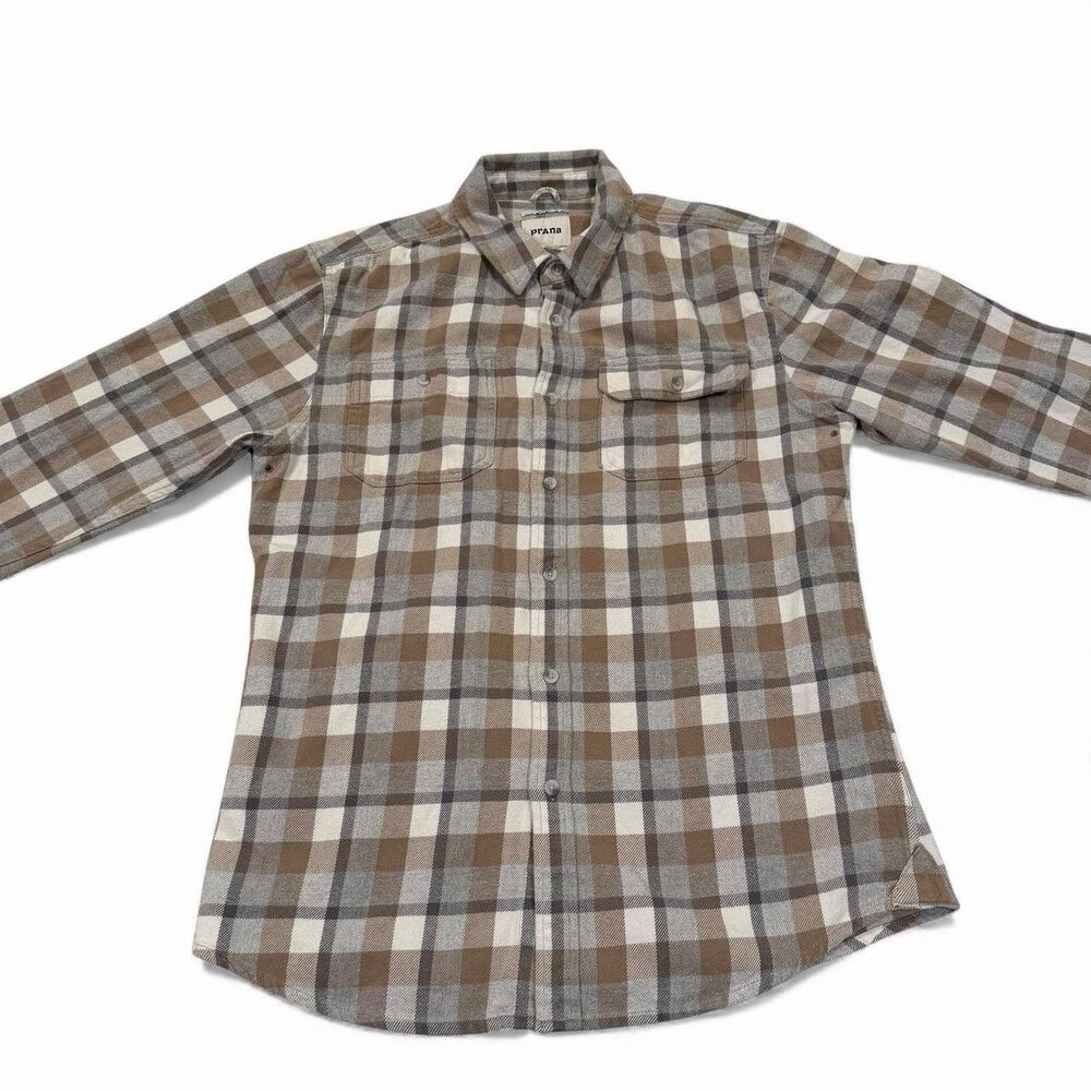 prAna Flannel Shirt Men's Large Button Up Plaid Slim Fit Organic Cotton Casual